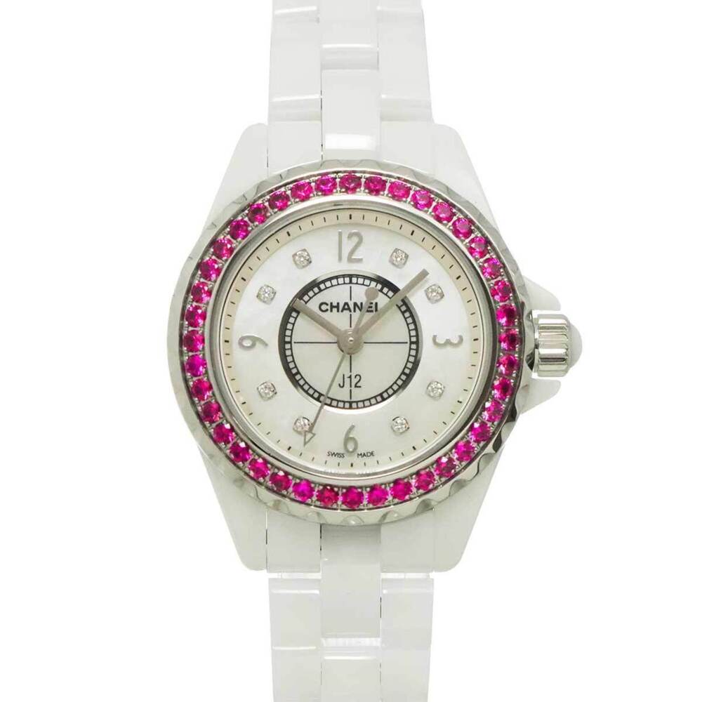 Chanel J12 29mm H3243 Women's Watch, Pink Sapphire Bezel, 8 Diamonds, White S...